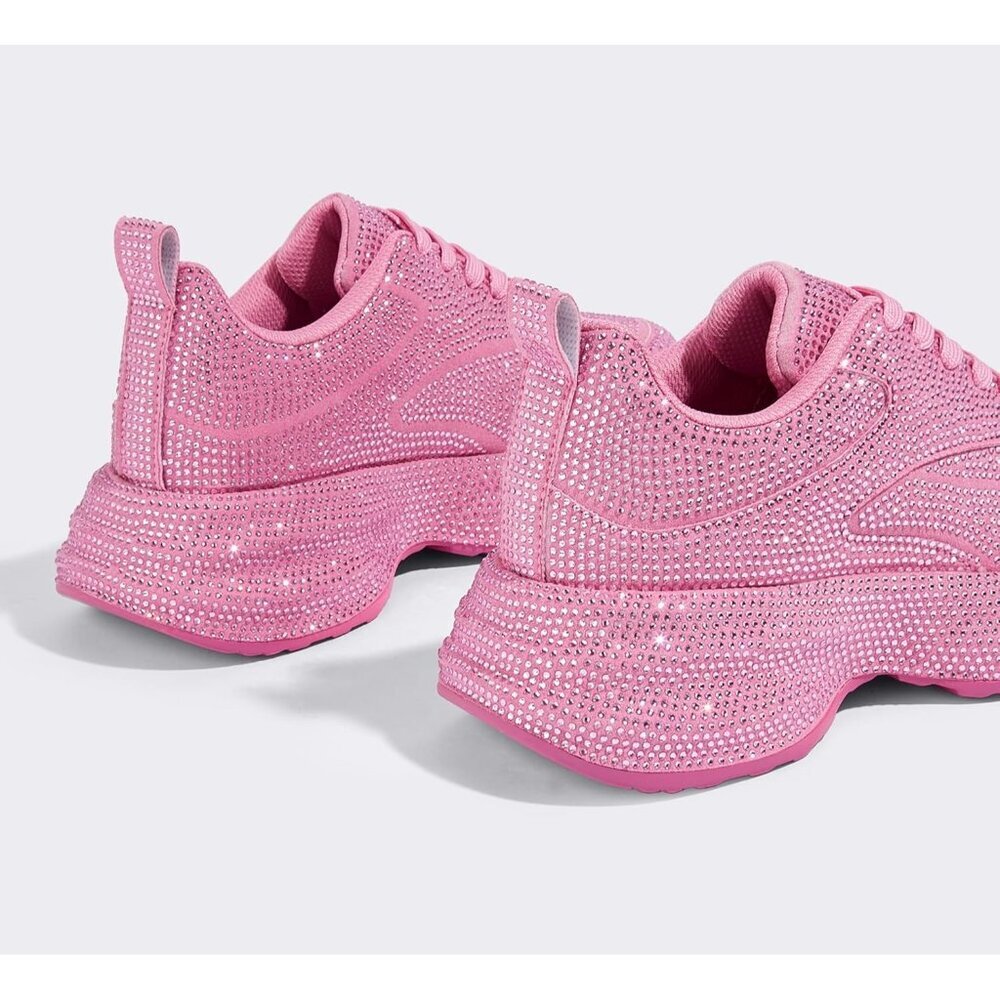 Women's Rhinestone Pink Chunky Sparkly Casual Shiny Sneakers Shoes Footwear - Picture 9 of 9